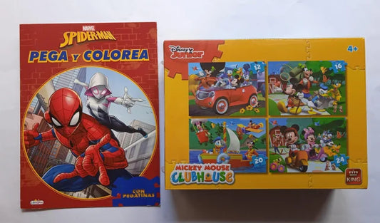 Puzzle de Mickey Mouse y Cartilla pega y colorea a Spiderman