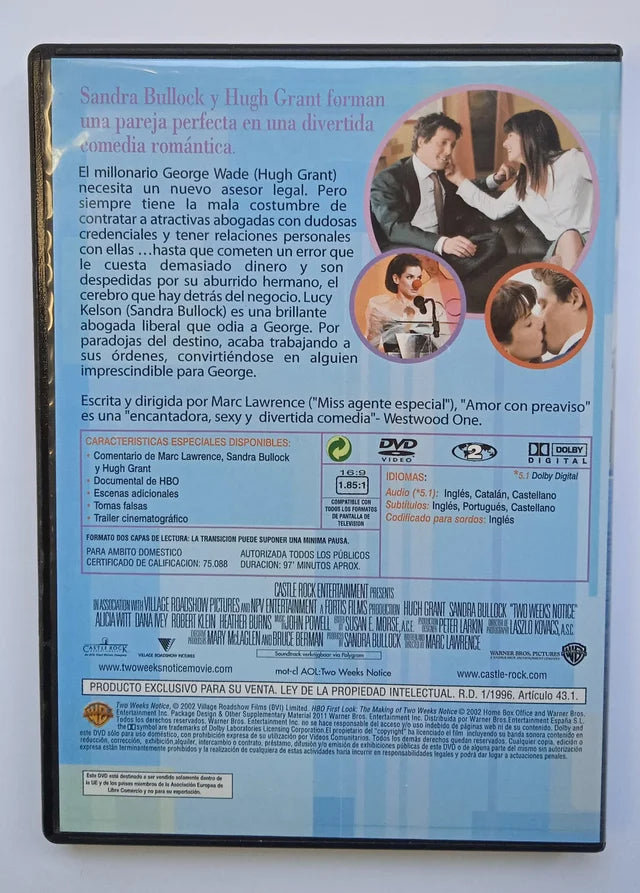 Película en DVD Amor con preaviso. Hugh Grant y Sandra Bullock